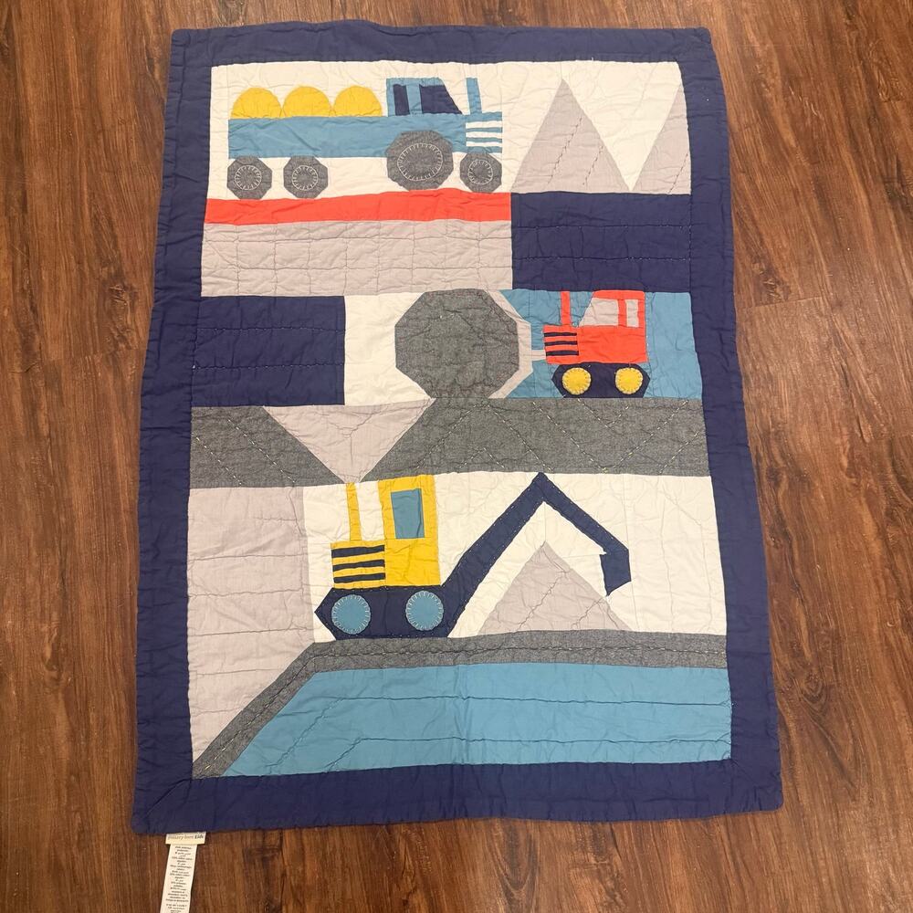 Pottery Barn Kids Jax Construction Toddler Baby Boy Quilt Crib Size Blue Gray